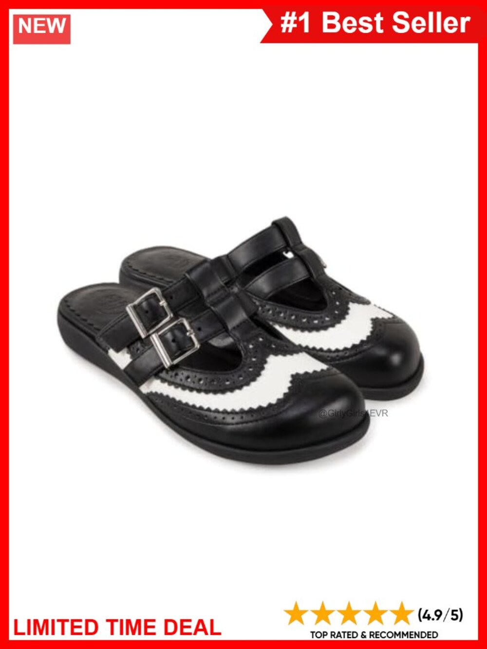 Faux Leather Wingtip Clog with Buckle Strap
